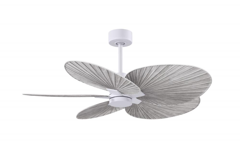 Alessandra Tropical 5-blade ceiling fan in Matte White and Barn Wood Tone blades.