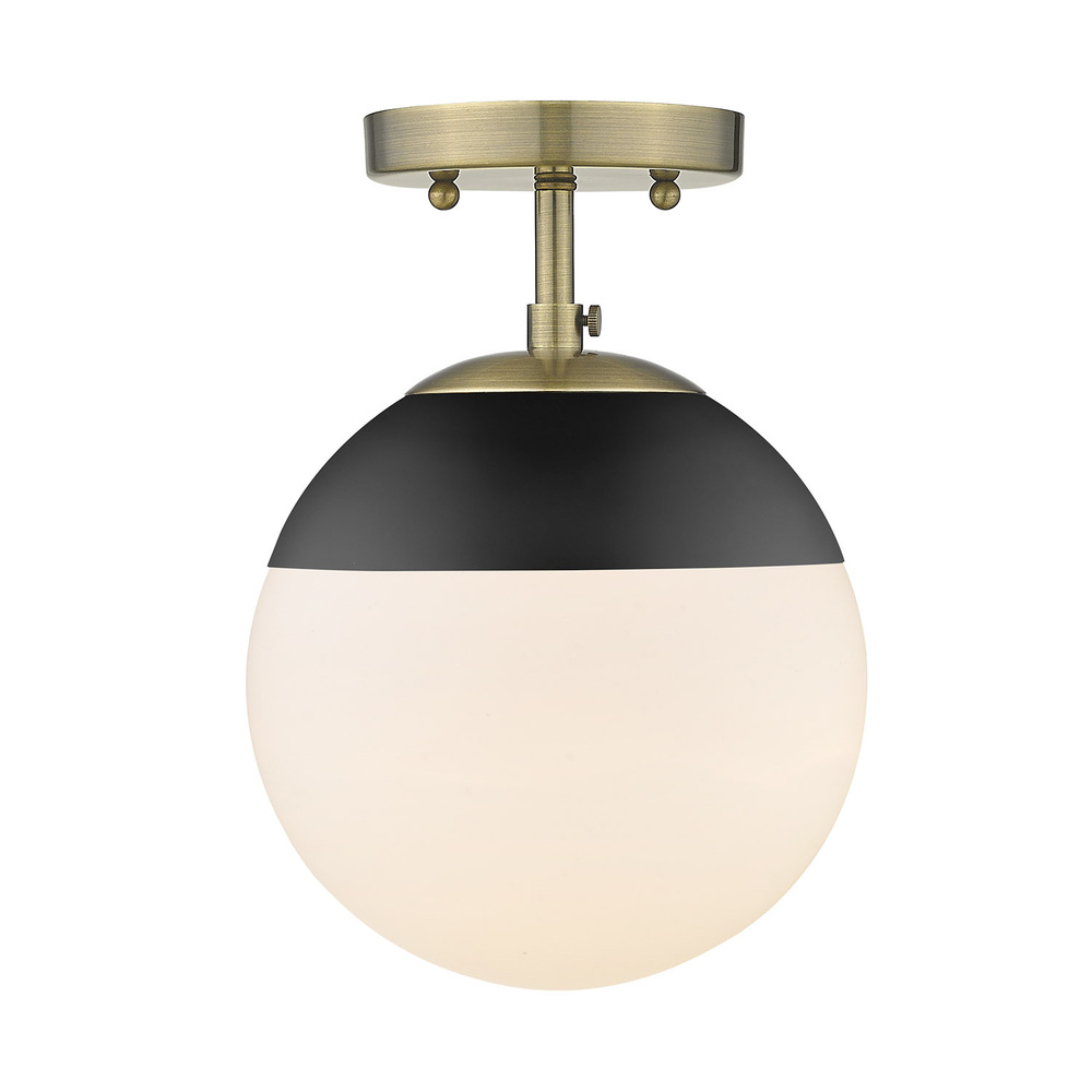 Dixon Semi-Flush in Aged Brass with Opal Glass and Matte Black Cap