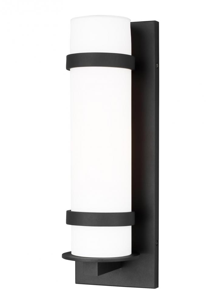 Alban modern 1-light LED outdoor exterior medium round wall lantern sconce in black finish with etch