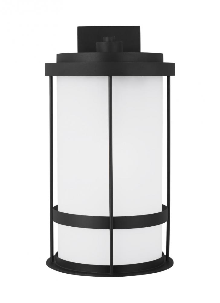 Wilburn modern 1-light LED outdoor exterior extra large wall lantern sconce in black finish with sat