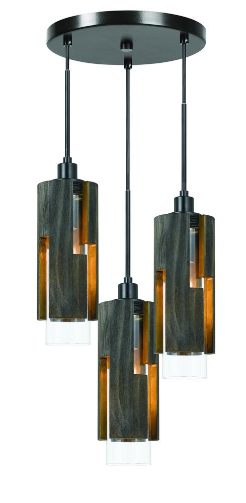 60W X 3 Reggio Wood Pendant Glass Fixture (Edison Bulbs Not Included)